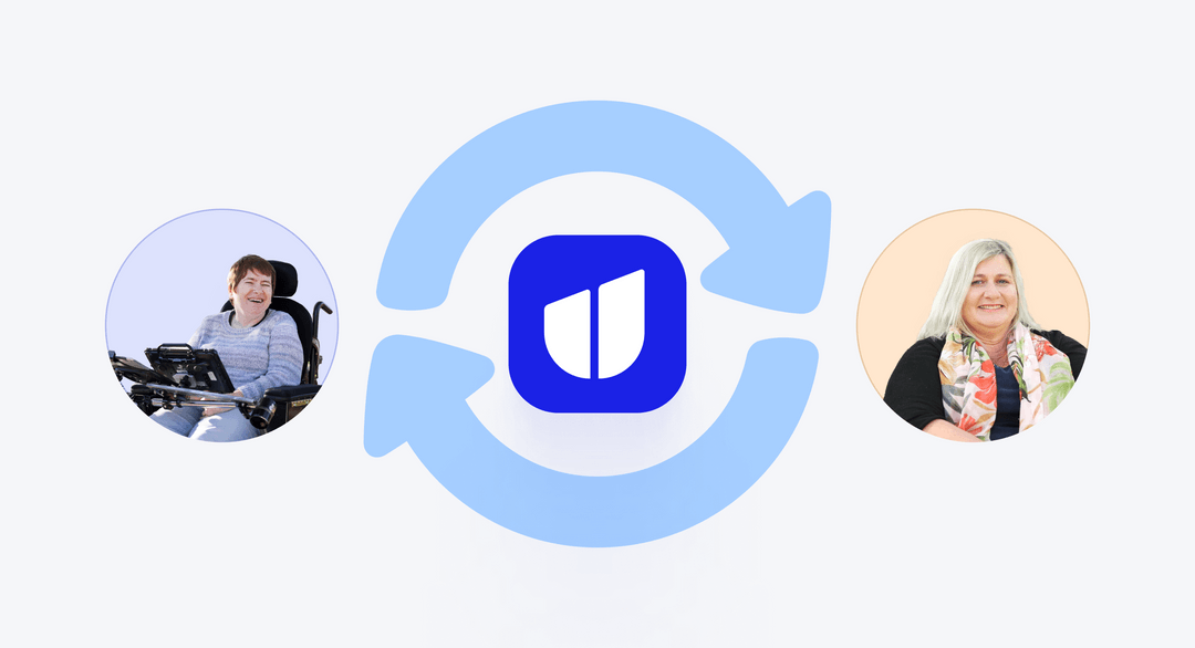Hireup brand with arrows that connects both the customer and the worker